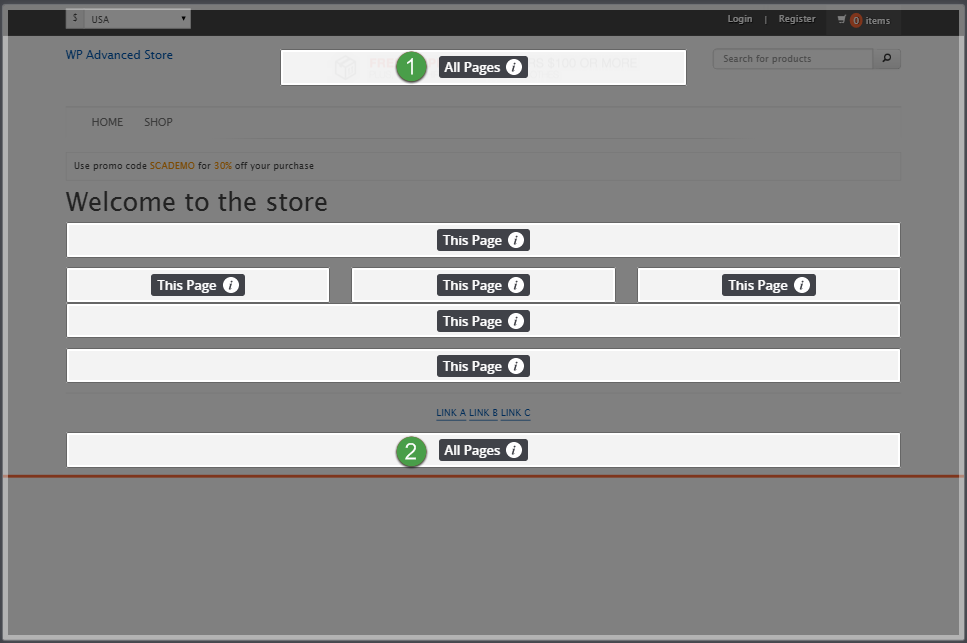 Shows the header and footer default areas as displayed in the Site Management Tools interface. The header area has a label of 1 and the footer area has a label of 2.