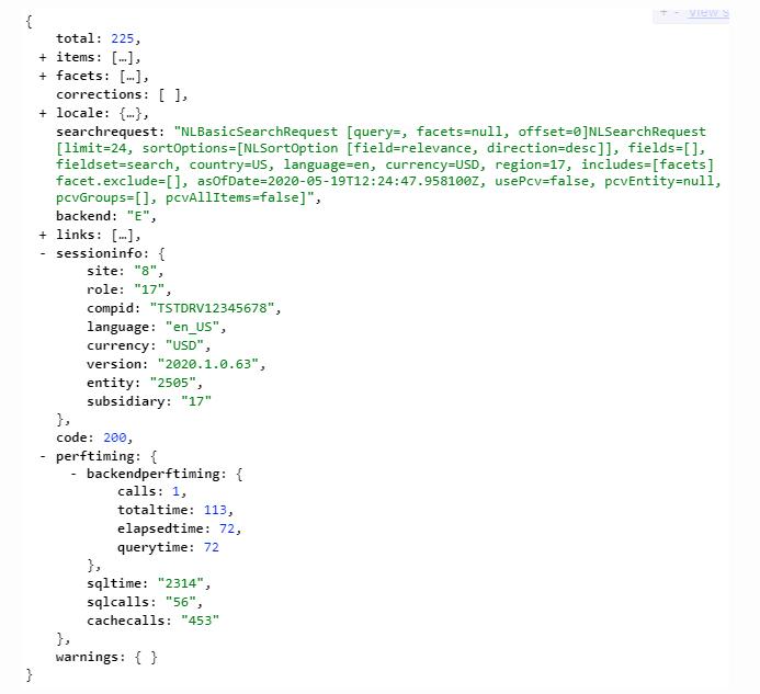 Shows the additional JSON data produced by the debug parameter.