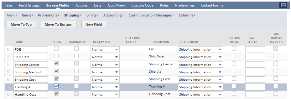 Screenshot of Tracking # on Screen Fields subtab