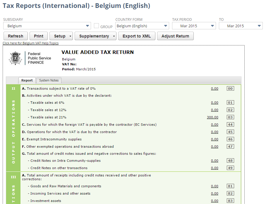 Screenshot of Belgium VAT Report