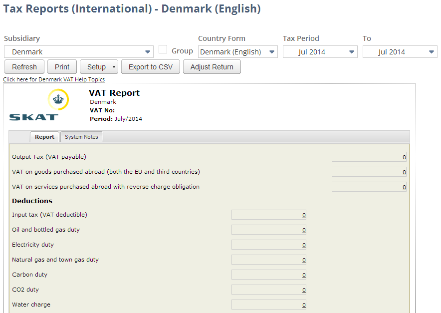 Screenshot of Denmark VAT Report