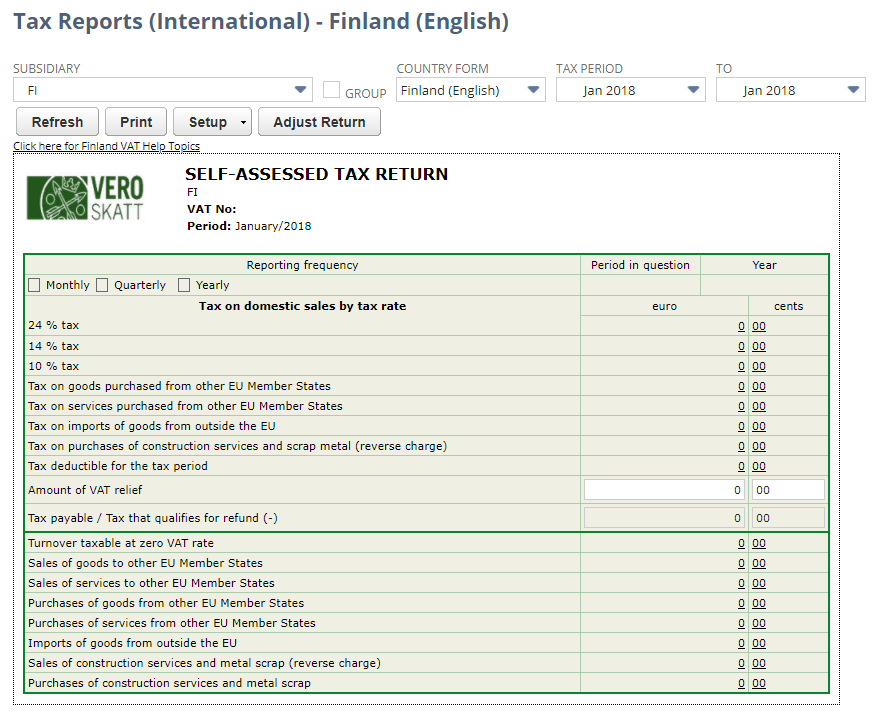 Screenshot of Finland VAT report