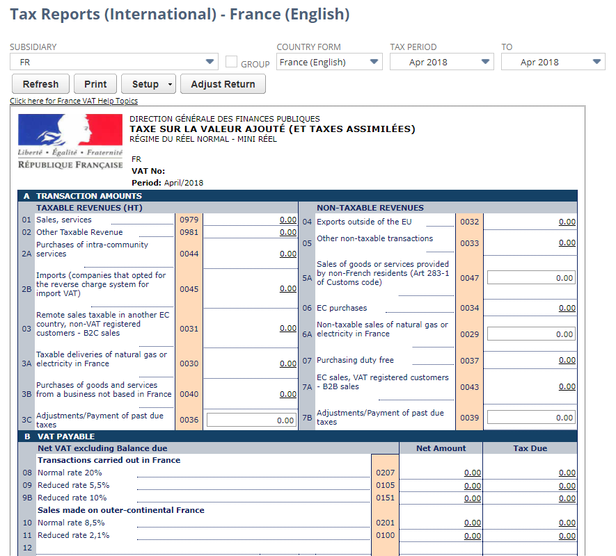 Screenshot of France VAT report