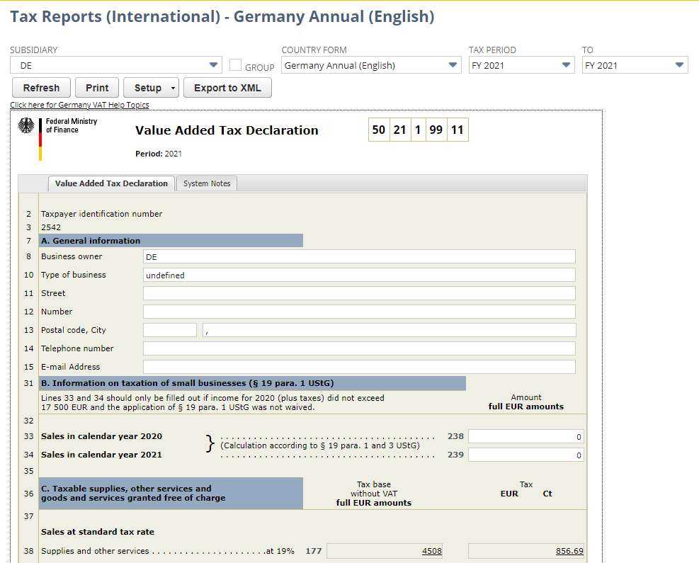 Screenshot of Germany Annual VAT Return