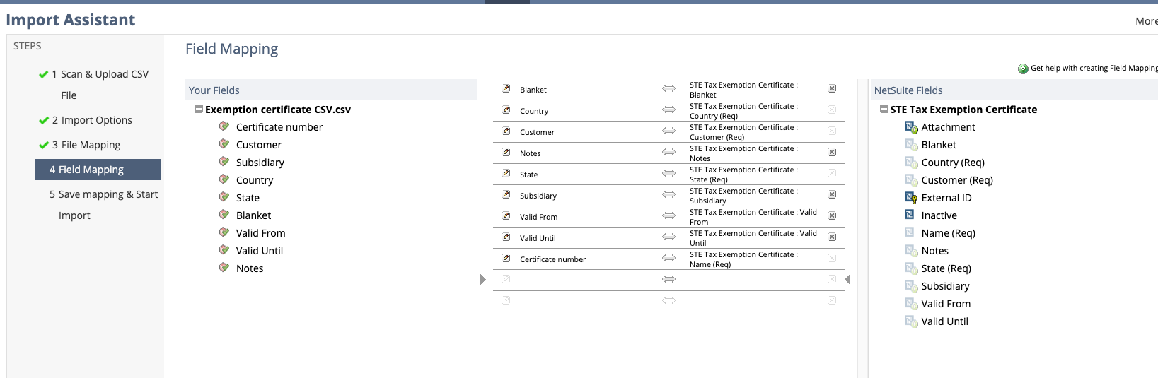 This image shows the field mapping for importing exemption certificates as CSV