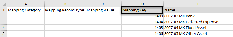 Screenshot showing the CSV column headers that need to be added for mapping Mexico account group codes.