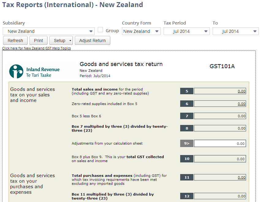 Screenshot of New Zealand GST Report