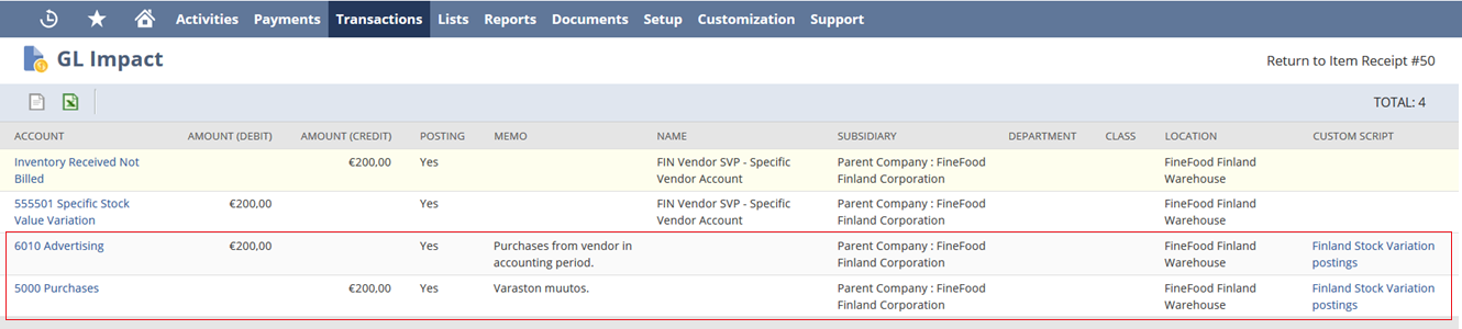 Account information displayed on the GL Impact page.