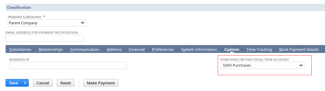 Purchases within Fiscal Year Account list on a Vendor record page.