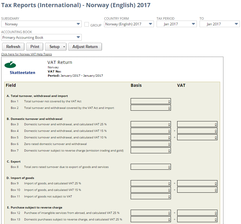 Screenshot of Norway VAT Report