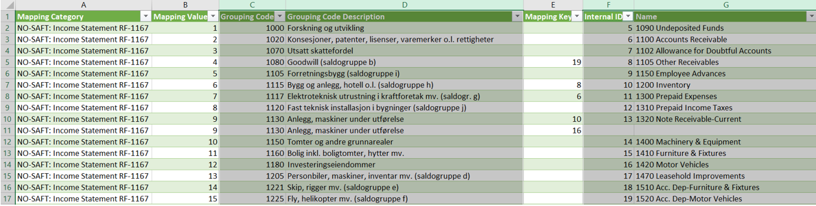 Mapping Template with highlighted Grouping Code, Grouping Code Description, Internal ID and Name columns