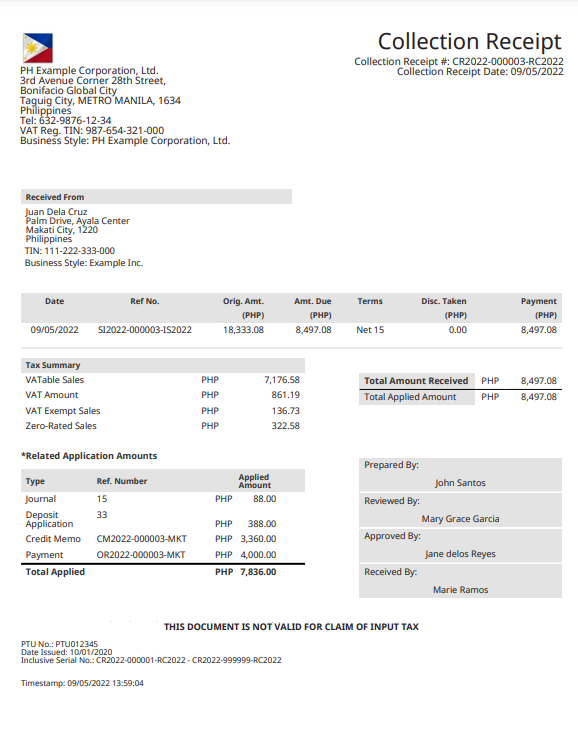 An example of an approved Philippines collection receipt.