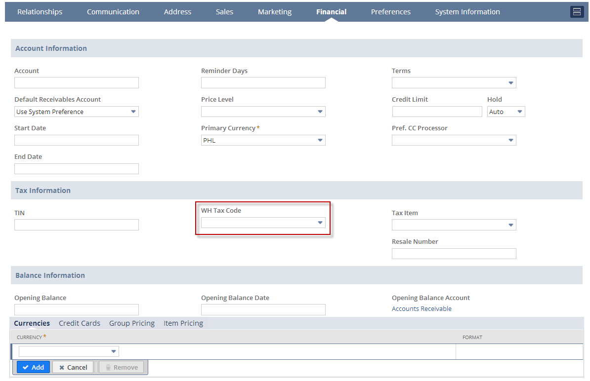 An example of the Withholding Tax Code field on the Financial subtab of customer records.