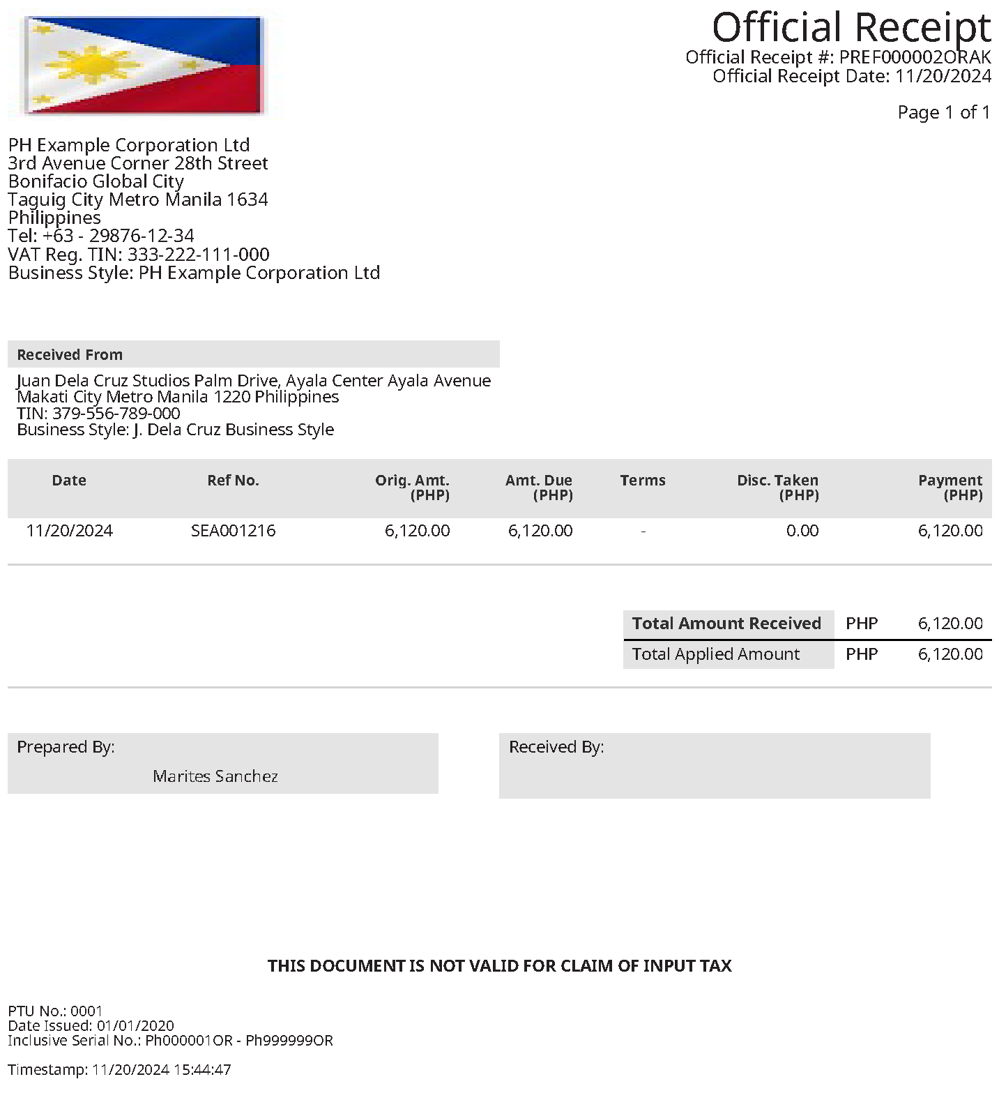 A sample Philippines official receipt.