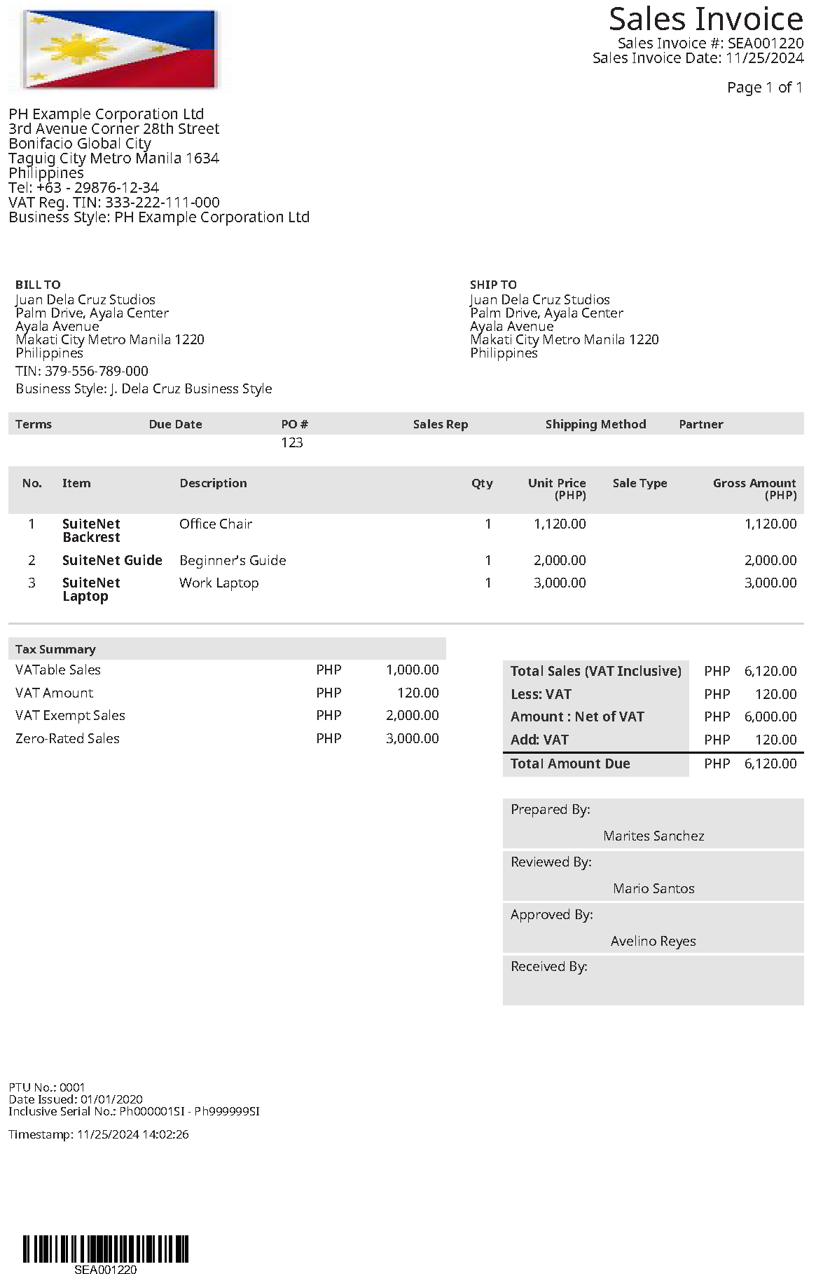 A sample approved Philippines sales invoice.