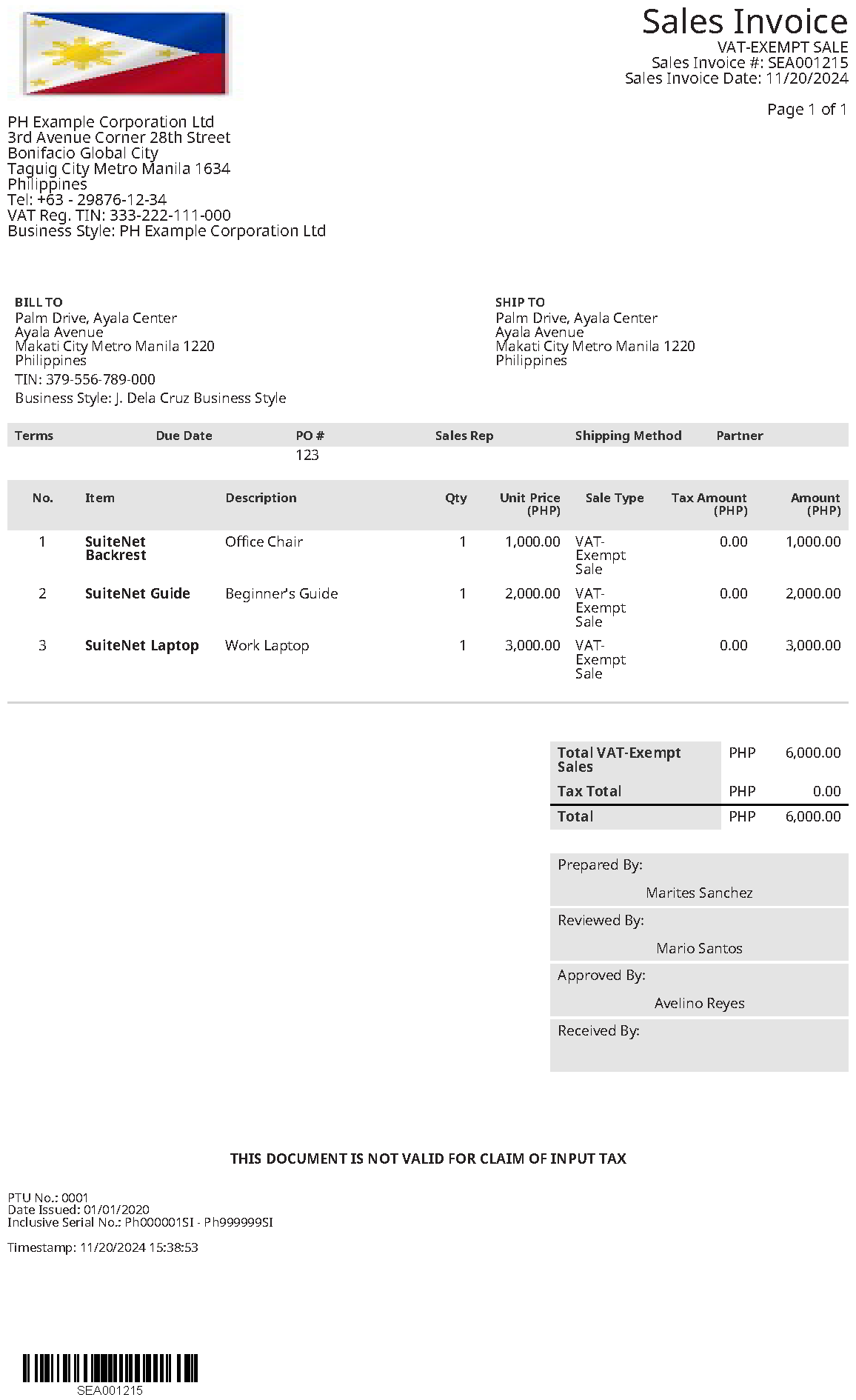 A sample approved Philippines sales invoice with VAT-exempt items.