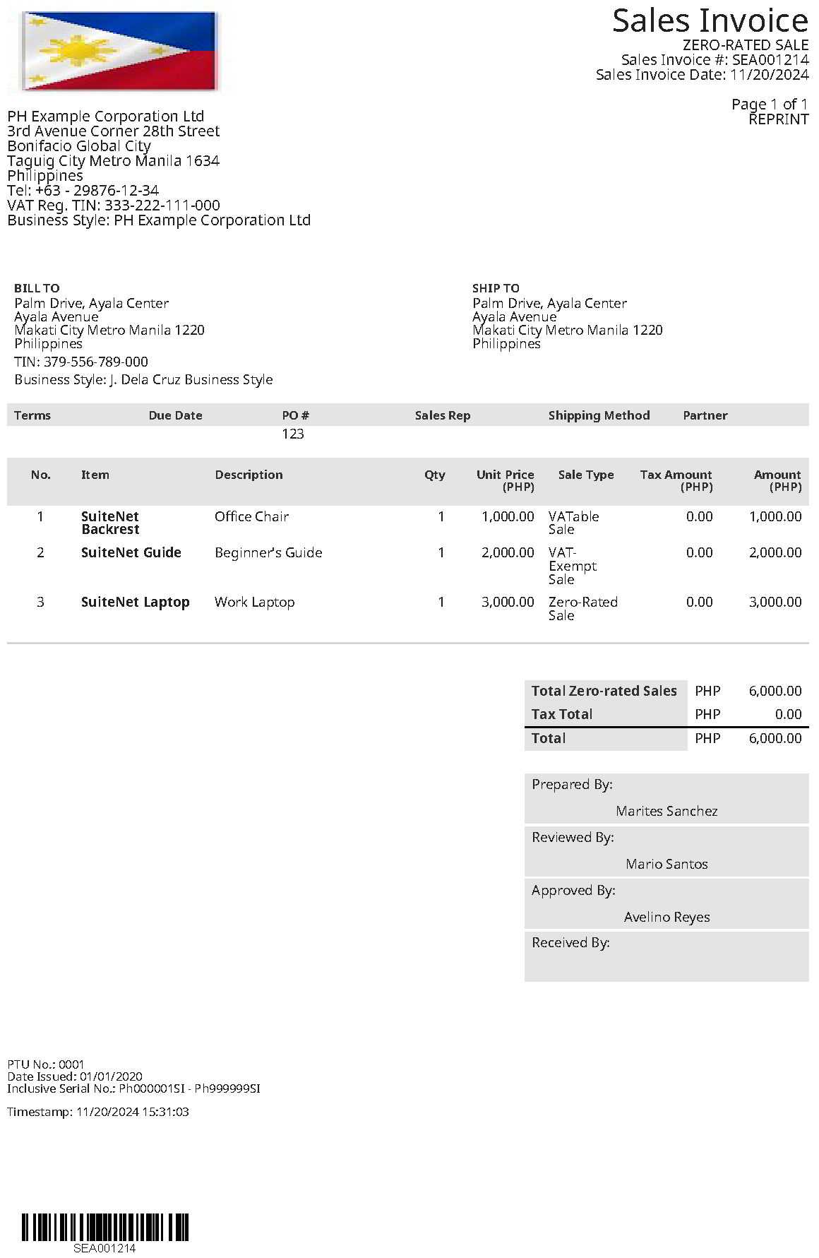 A sample reprinted Philippines sales invoice.