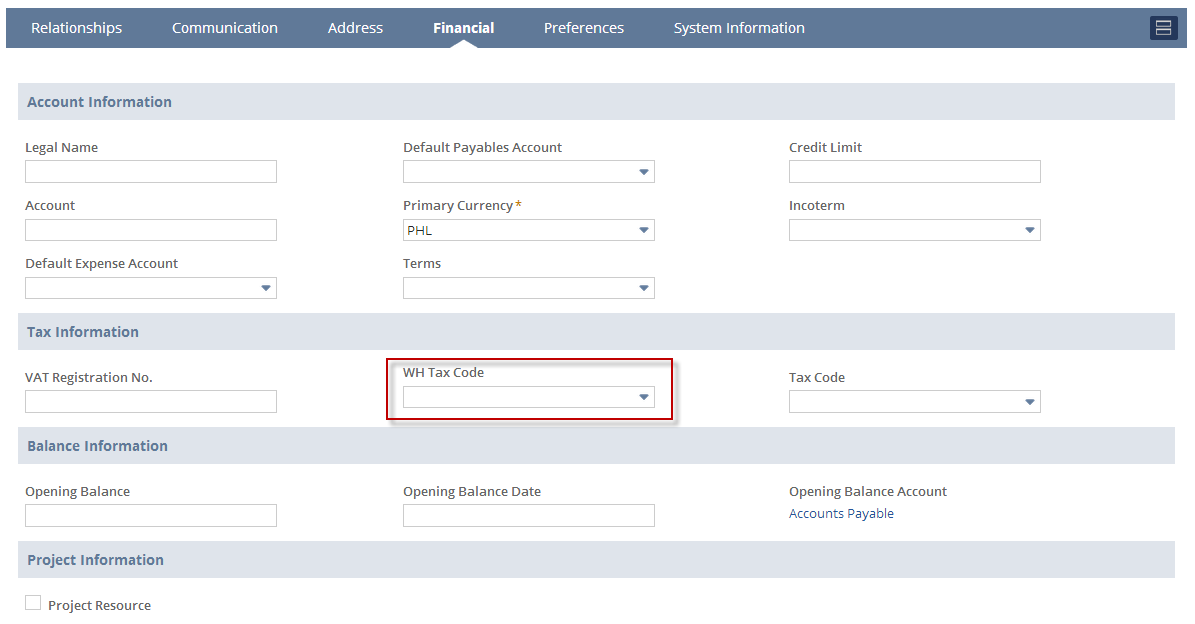 An example of the Withholding Tax Code field on the Financial subtab of vendor records.