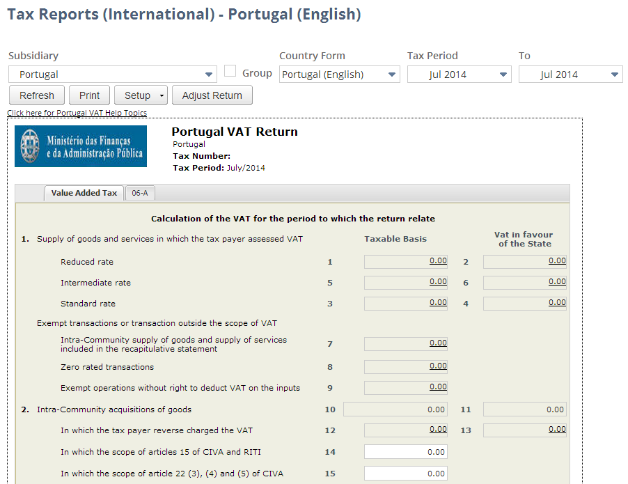 Screenshot of Portugal VAT Report