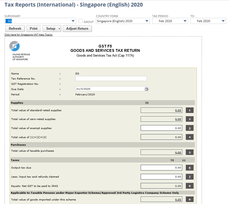 An example of a Singapore GST F5 Return.