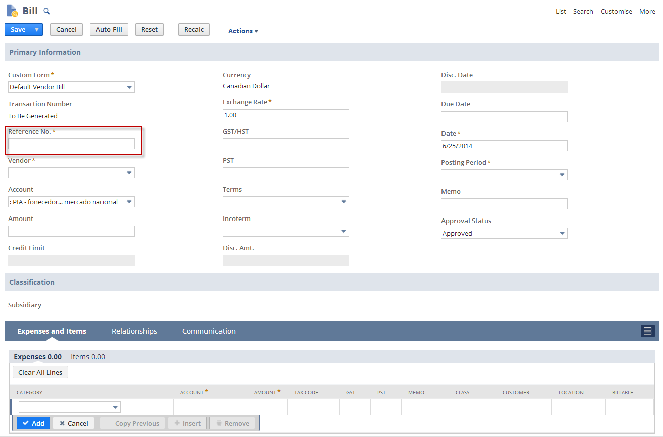 Custom Vendor Bill with a Reference No. field