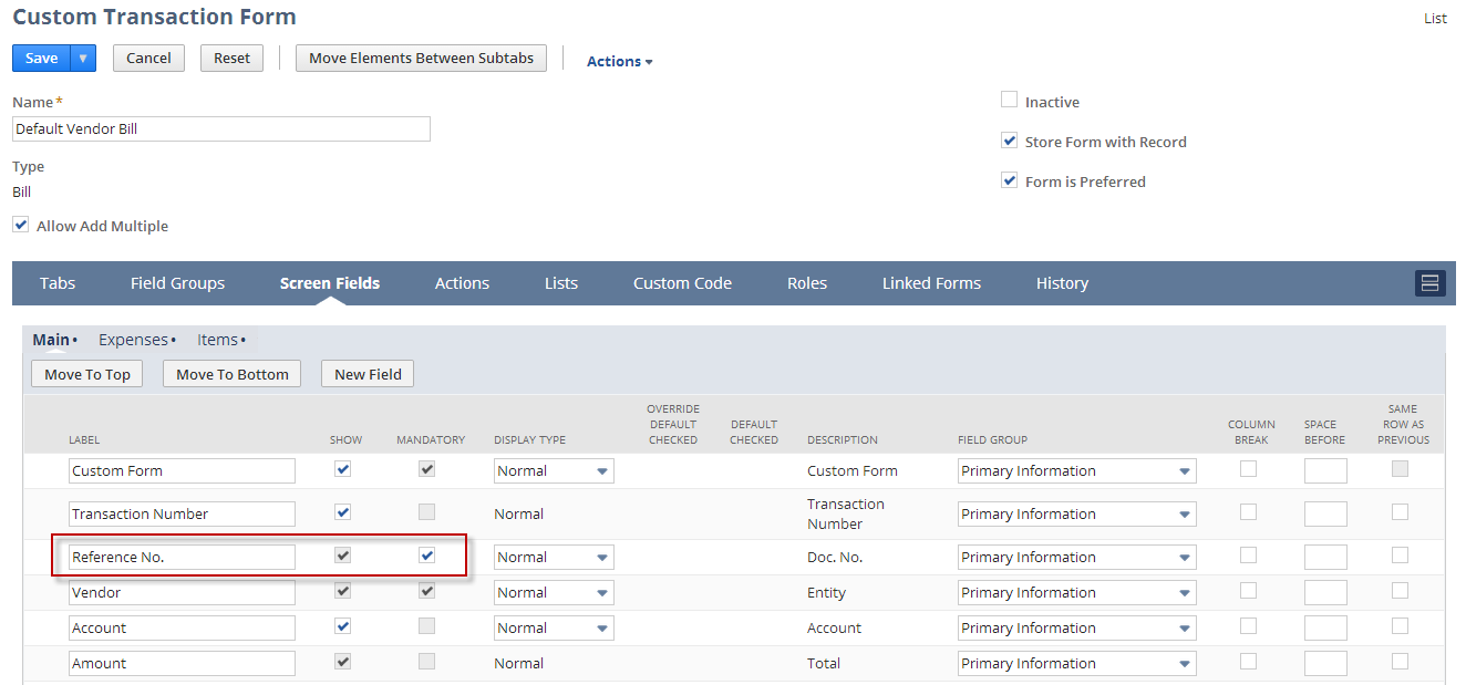 An example of the screen fields subtab on a custom vendor bill transaction form