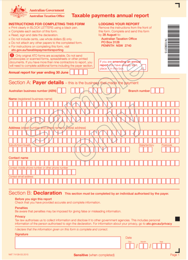 Sample page 1 of TPAR from ATO