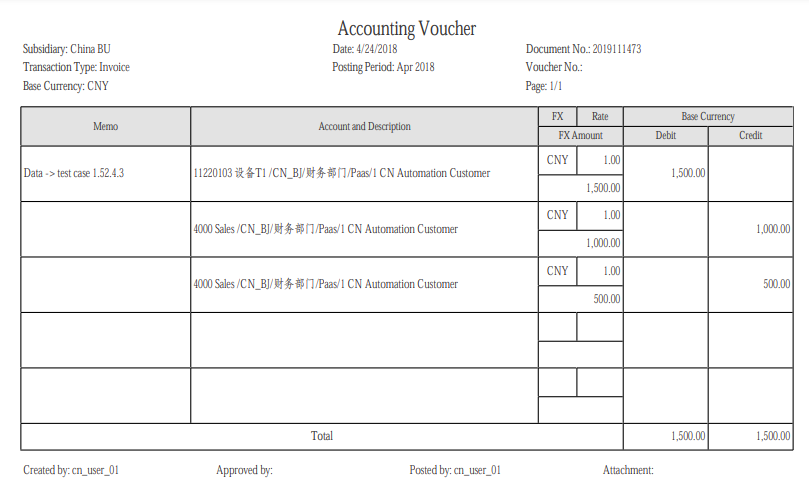 Printed China Accounting Voucher Screen