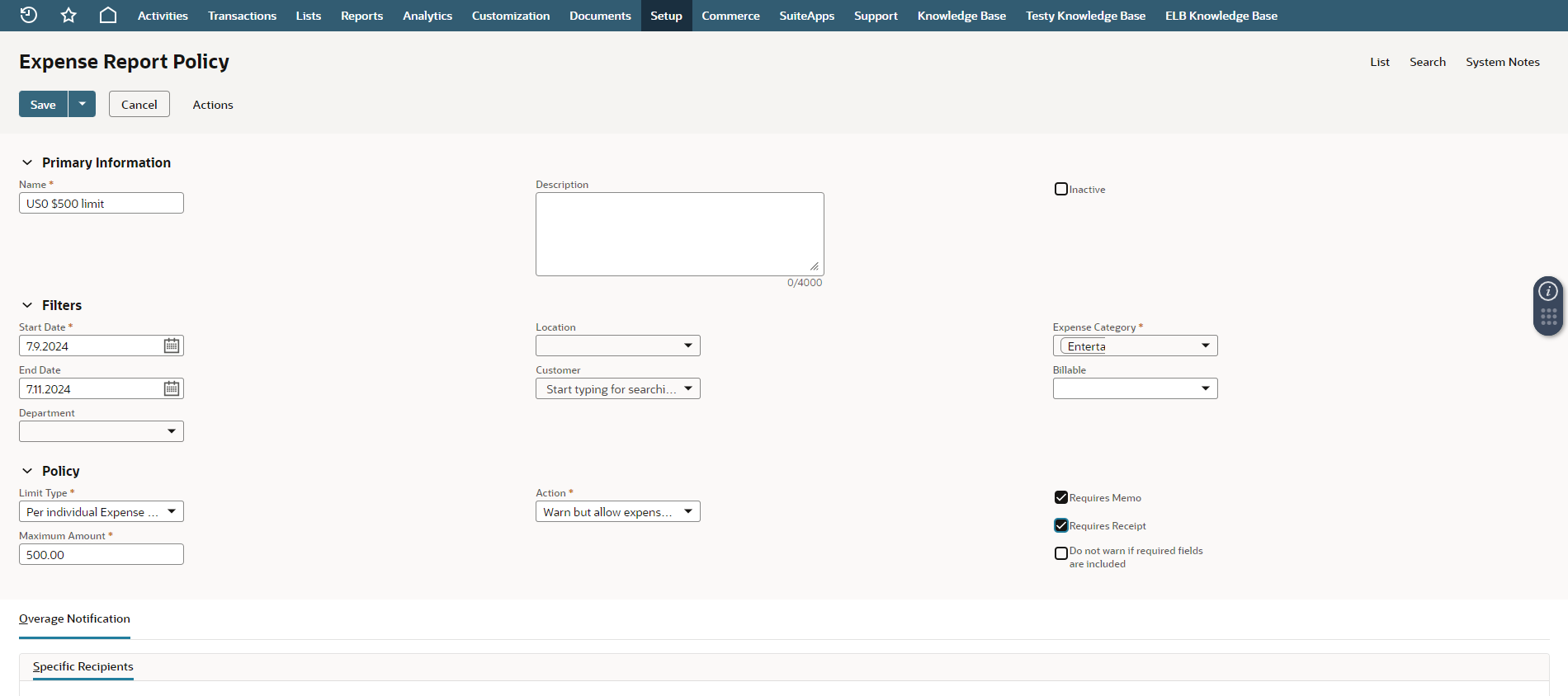 Screenshot showing an expense line that violates an expense report policy. The expense line appears as red on a saved expense report.