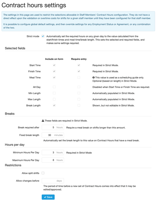 Sample contract hours settings