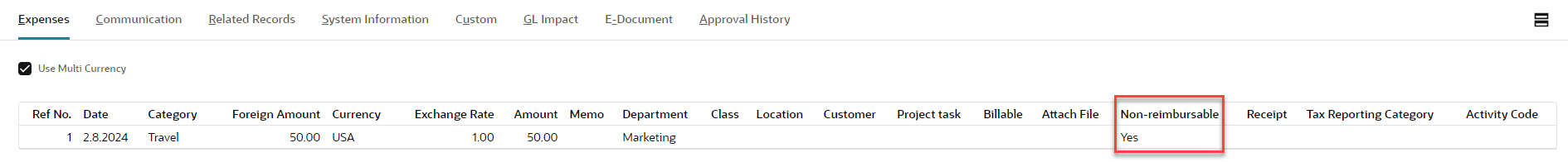 Screenshot of a non-reimbursable expense that is shown on a general ledger that has no impact on the ledger.