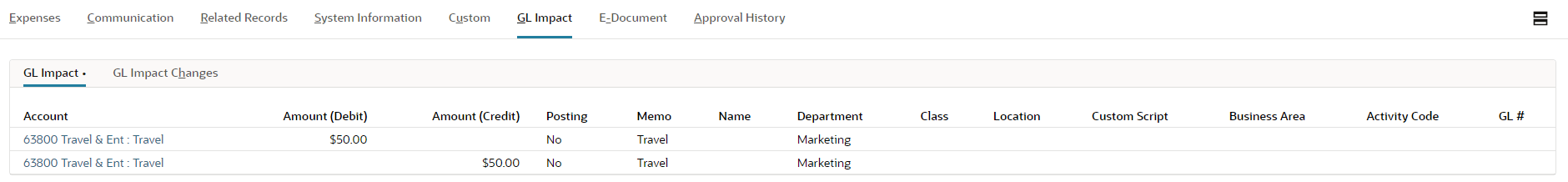 Screenshot of an expense marked as non-reimbursable that is shown on an expense report.