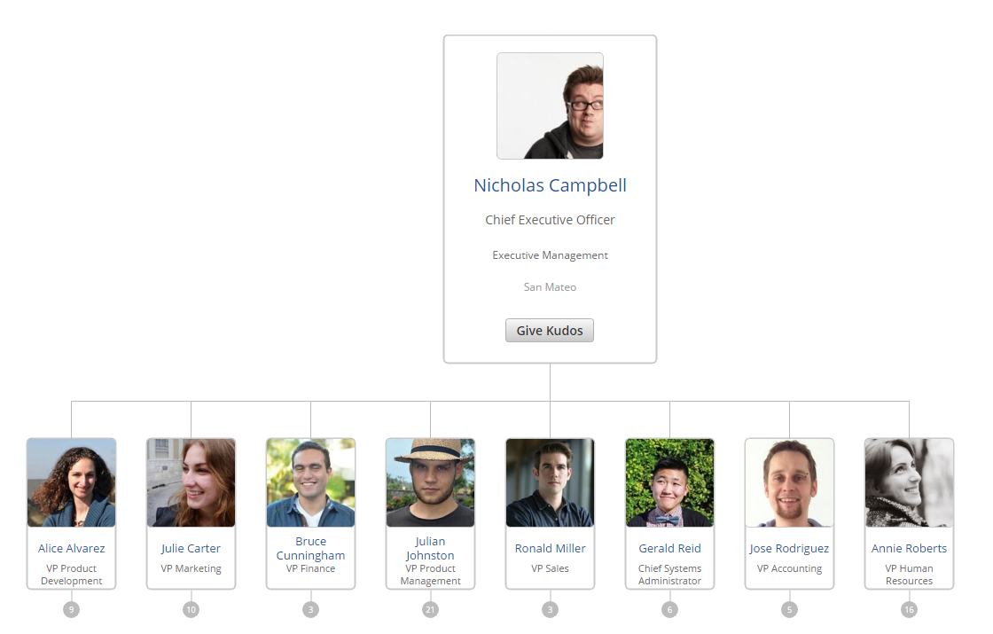 Diagram of a tree structure that shows an example company hierarchy. It shows a person's picture, name and job title.