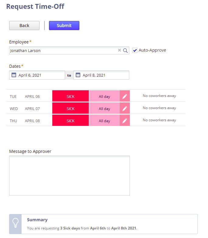 Screenshot showing the Request Time-Off page an employee would use to request time off. The days off appear in chronological order and they appear as different types of time off, for example a sick day.