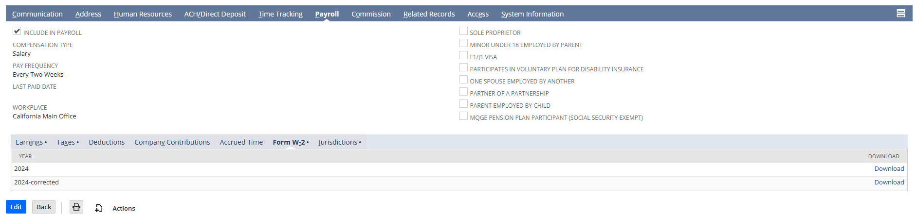 Navigating to Form W-2 from Employee Record