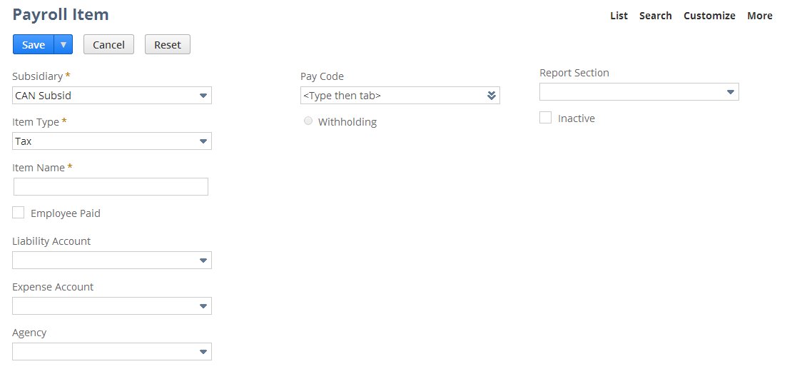 Screenshot of the payroll item page.