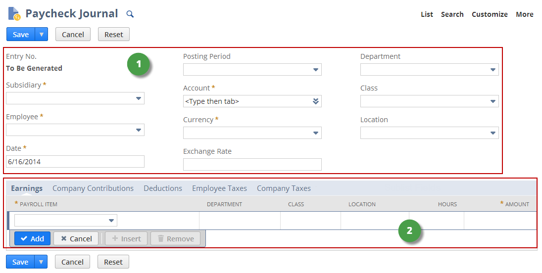 Screenshot of the paycheck journal page. Callouts one and two are on the page.