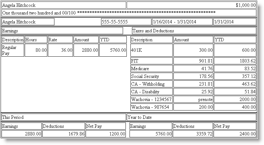 Screenshot of a Direct Deposit Voucher to one prenoted savings account and one non prenoted net account.