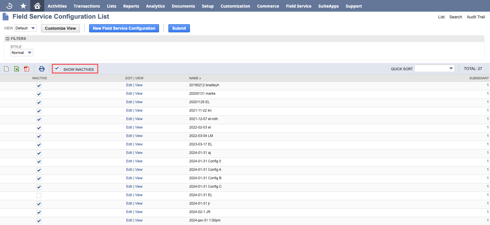 NextService Configuration List page Show Inactives box.