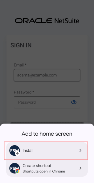 Iinstall and create shortcut options when installing the FSM mobile app.