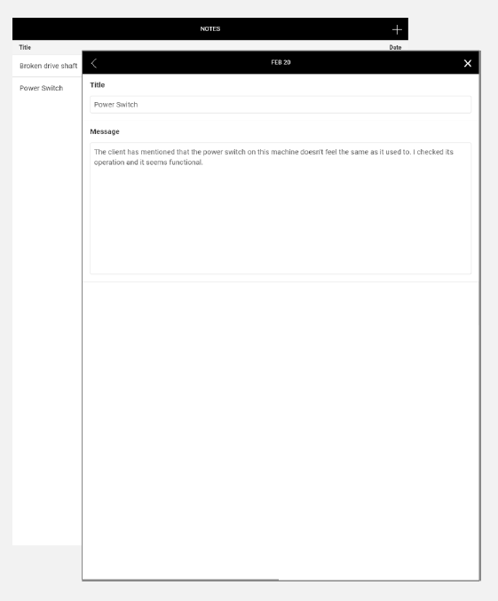 NextService Mobile notes tab.