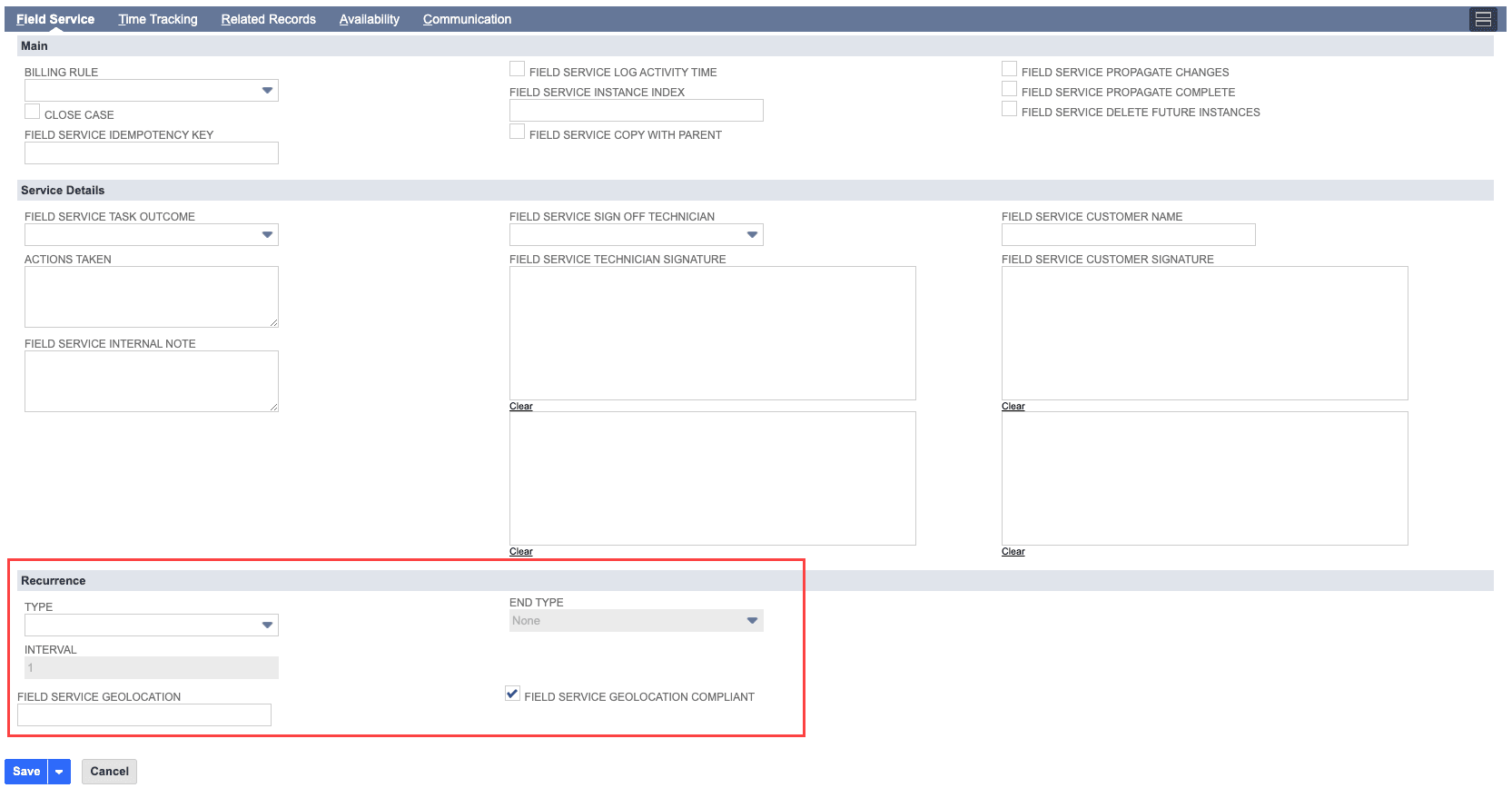 Recurrence section under NextService subtab
