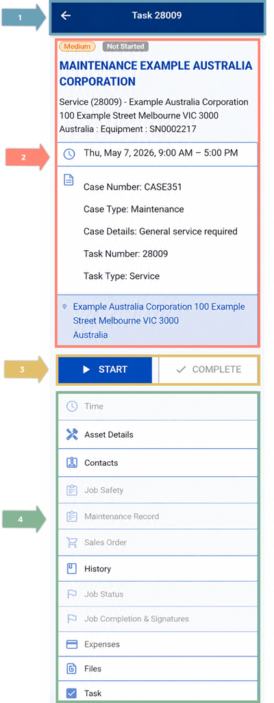 FSM Mobile selected task details screen