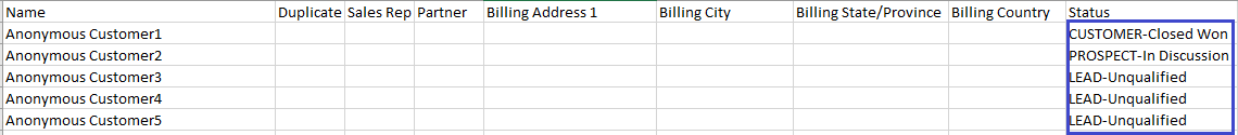 CSV Header values example.