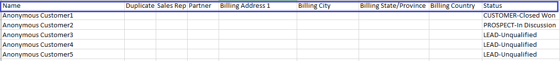 CSV Row values example.