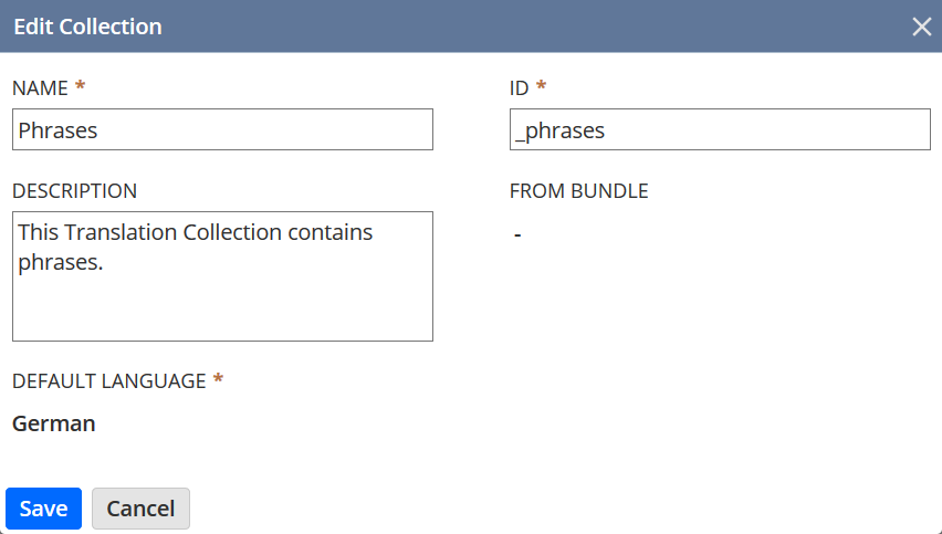 Edit Collection window on the Manage Translations page.