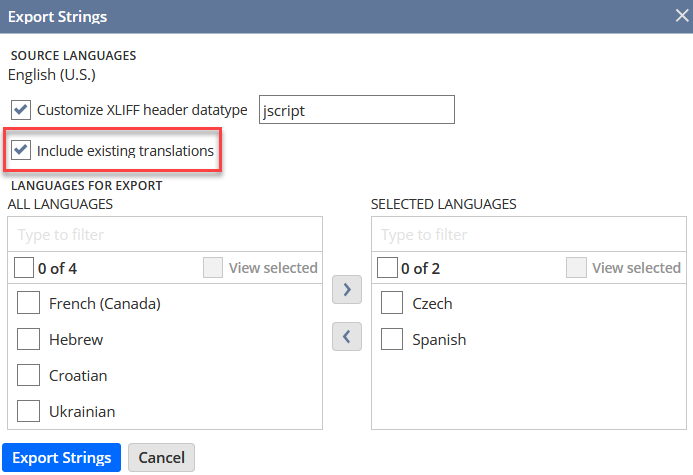 Manage Translations Export Collections window with the Include existing translations box checked.