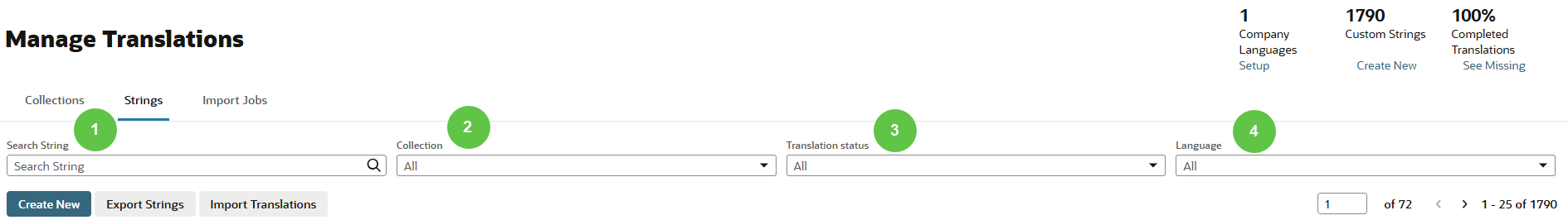 Manage Translations Strings filters.