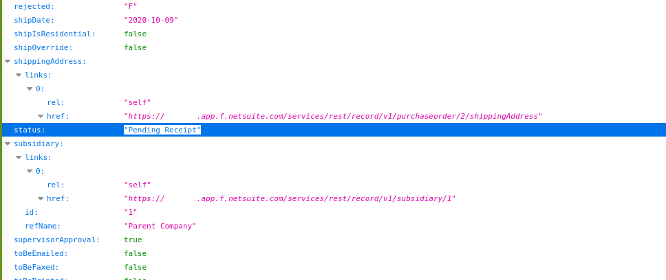 Purchase Order JSON Status field.