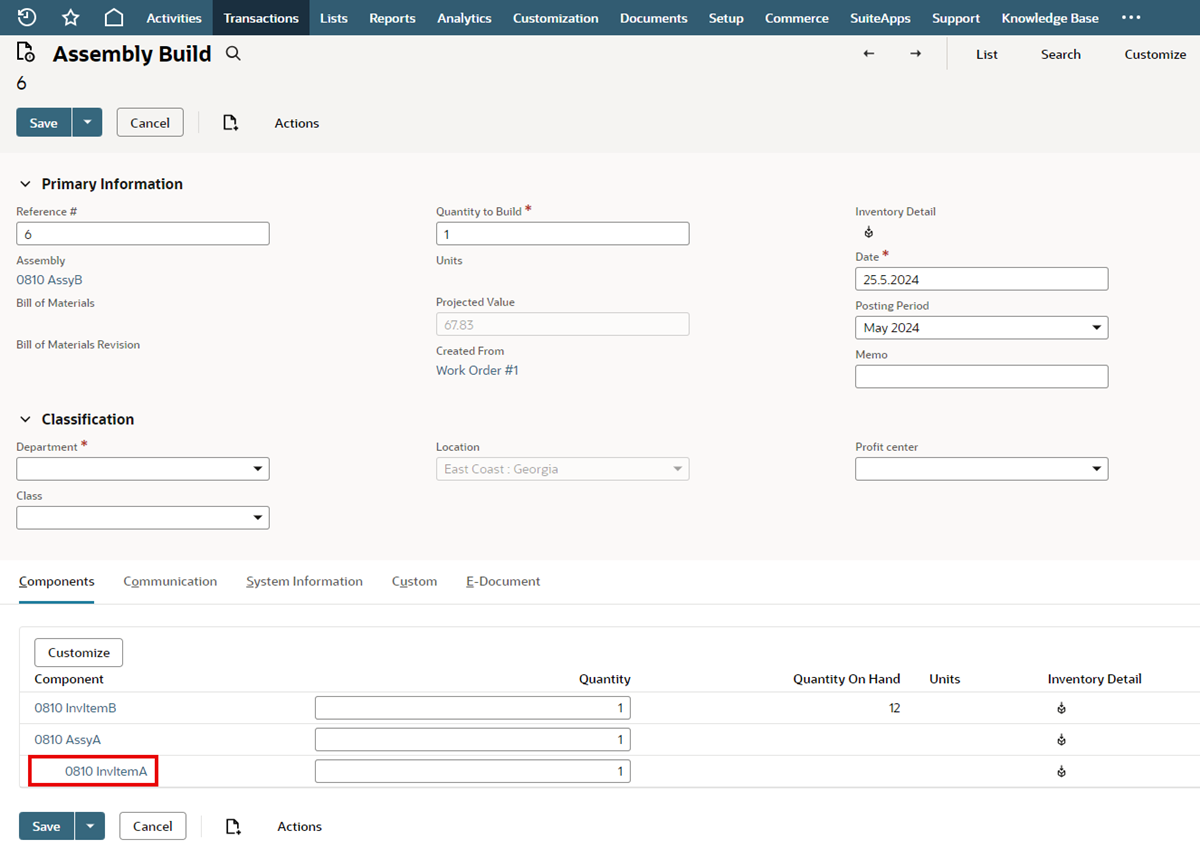 Screenshot of the Components subtab on the assembly build record, specific to the example in the preceding paragraph.